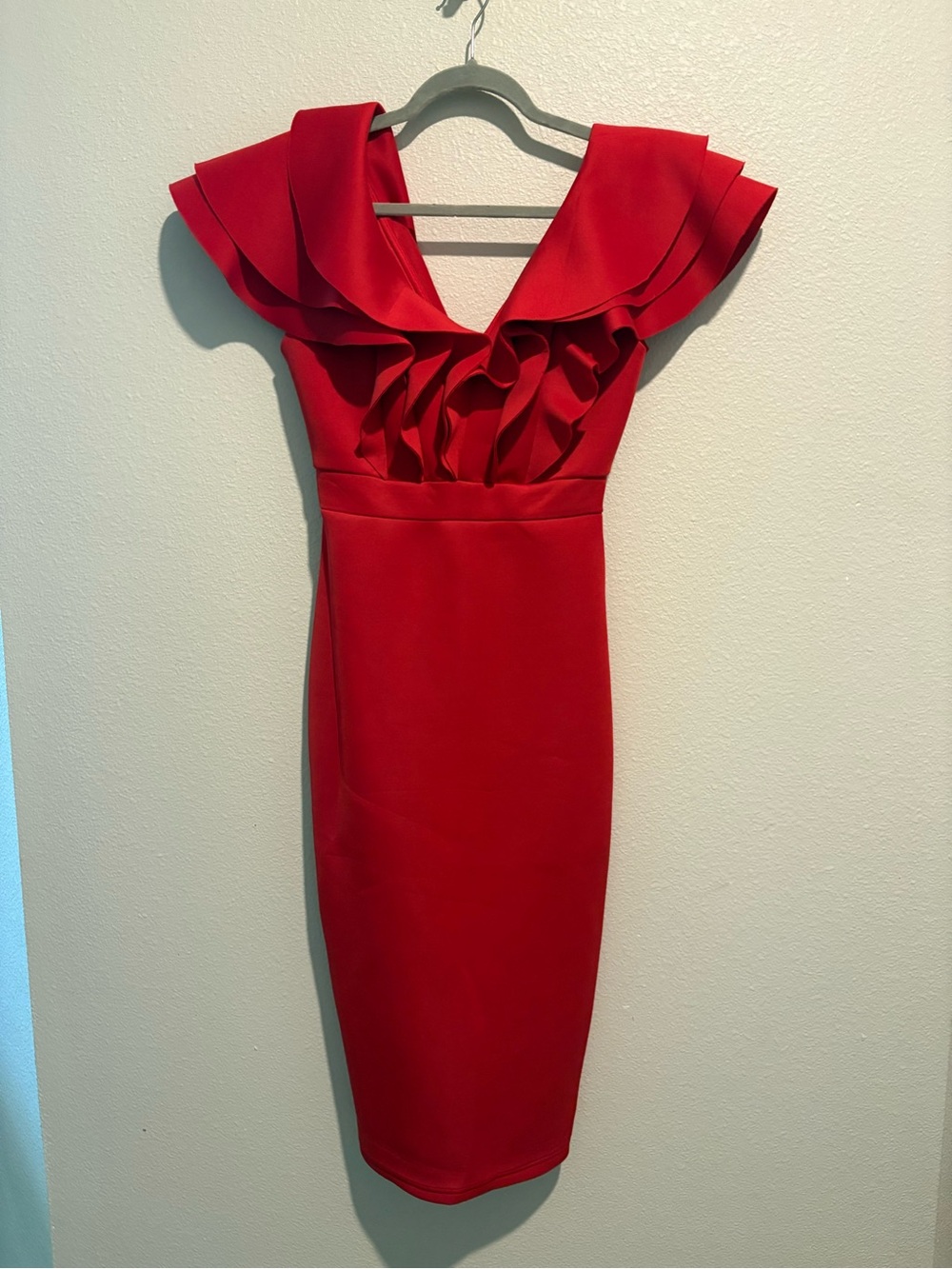 Red Ruffle-Detail Midi Dress